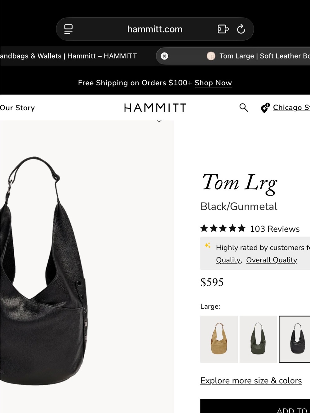 Hammitt Tom Large Leather Hobo Bag — Black with Gunmetal Hardware